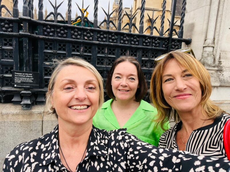 3 women smiling in front of railings with House of Lords in background